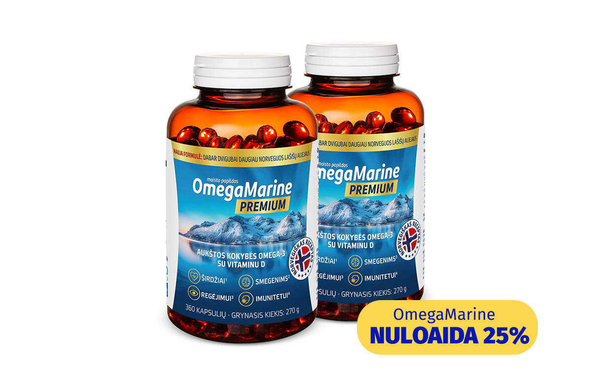 Natural Pharmaceuticals Melatonina Maisto papildų rinkinys: Melatoninas (360 tablečių), skirtas sveikam miegui palaikyti, ir OmegaMarine Premium (2x 360 kapsulių) – aukštos kokybės omega-3 riebalų rūgštys su vitaminu D. Grafikoje matomos reklamos etiketės: „Nemokama!“ ir „OmegaMarine nuolaida 25 %“.