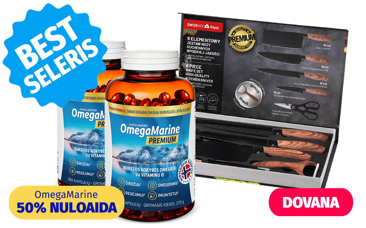 Natural Pharmaceuticals Melatonina Grafikoje pavaizduotas maisto papildų ir nemokamų dovanų rinkinys: melatoninas (360 tablečių), padedantis užtikrinti sveiką miegą, ir dvi OmegaMarine Premium buteliukai (kiekviename po 360 kapsulių) – aukštos kokybės omega-3 rūgščių su vitaminu D šaltinis. Be to, kaip dovana pažymėtas trekingo lazdų su priedais rinkinys. Vaizduojami ir reklaminiai šūkiai: „Nemokama!“, „OmegaMarine 50 % nuolaida“ ir mėlyna žvaigždė su užrašu „Best seleris“.