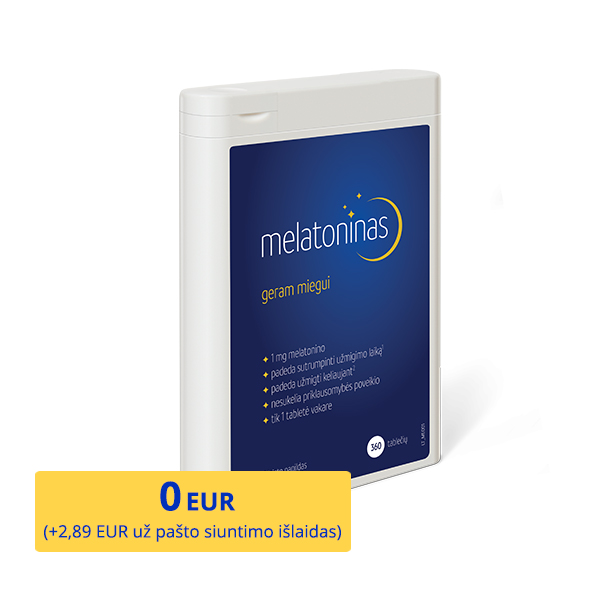 Natural Pharmaceuticals Melatonina Maisto papildo „Melatoninas“ pakuotė. 360 tablečių – melatoninas geresniam miegui, akcijos kaina nurodyta kaip 0 EUR (+2,89 EUR pristatymo kaina).