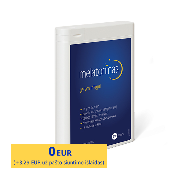 Natural Pharmaceuticals Melatonina Maisto papildo „Melatoninas“ pakuotė. 360 tablečių – melatoninas geresniam miegui, akcijos kaina nurodyta kaip 0 EUR (+2,89 EUR pristatymo kaina).
