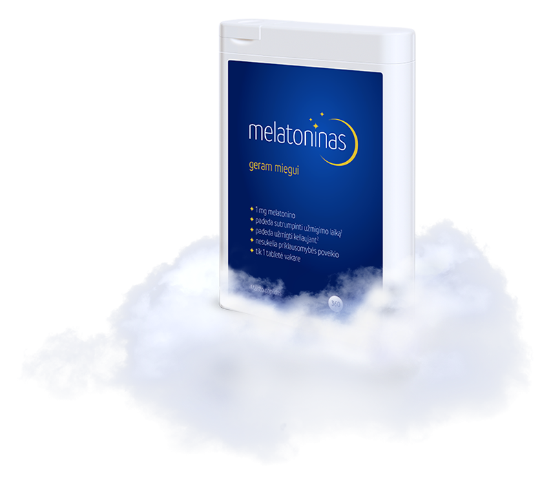 Natural Pharmaceuticals Melatonina Nuotraukoje matoma Melatoninas maisto papildų dėžutė (360 tablečių) prieš baltų debesų foną, simbolizuojantį lengvą, ramus ir patogų miegą.